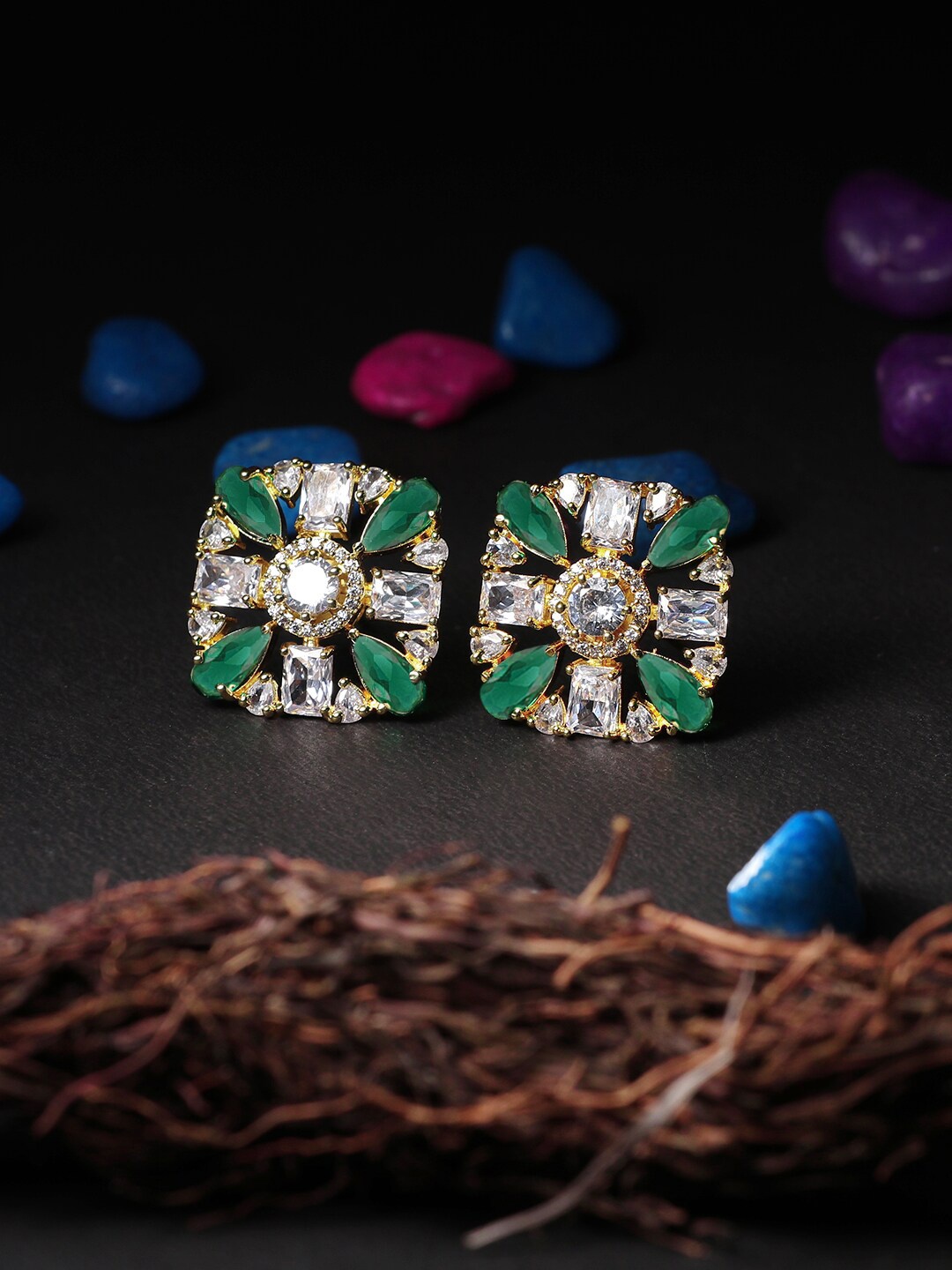 

Adwitiya Collection Green & White Gold Plated Contemporary Studs Earrings