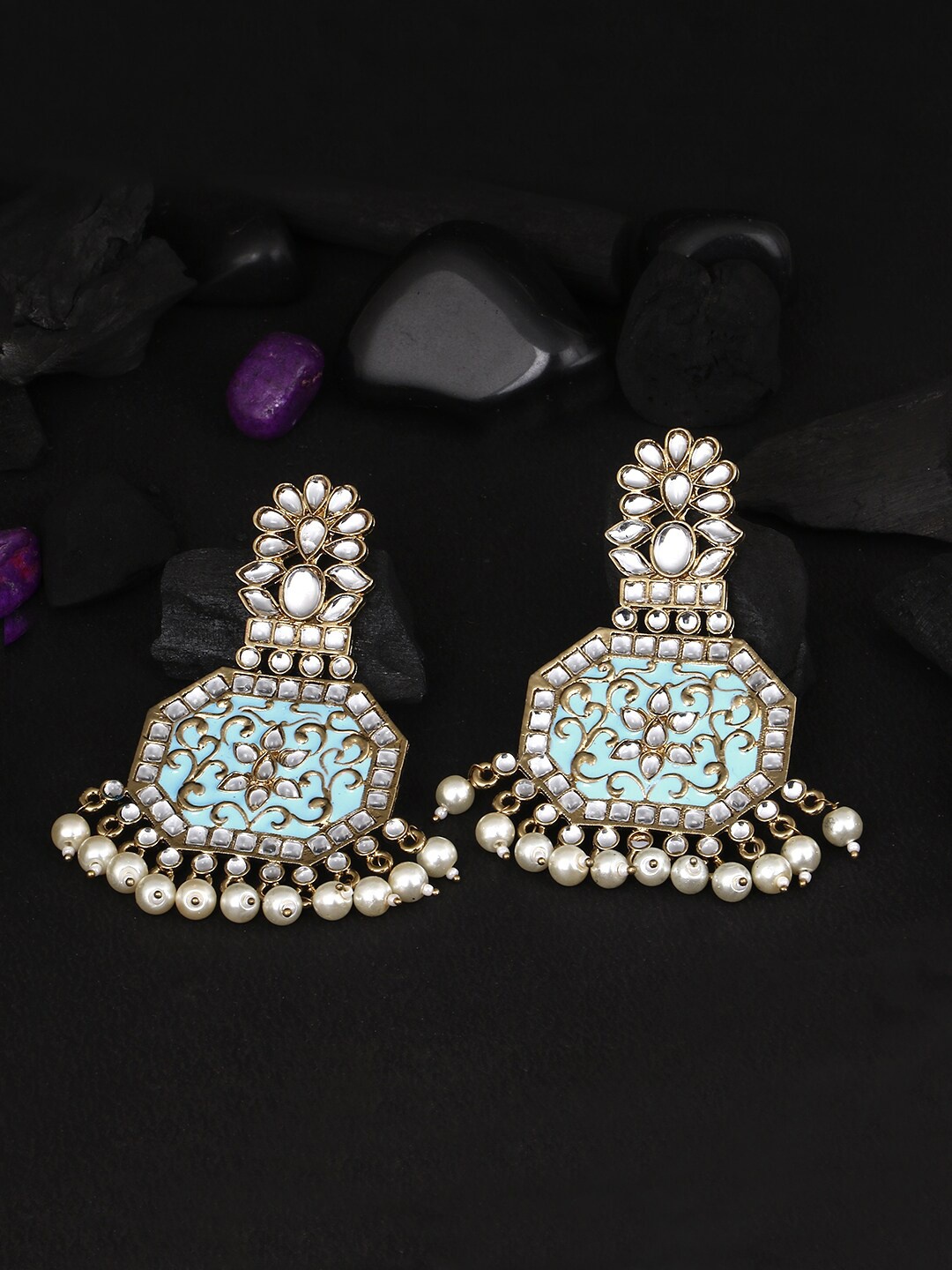 

Adwitiya Collection Gold-Plated Gold-Toned & Blue Stone-Studded Drop Earrings