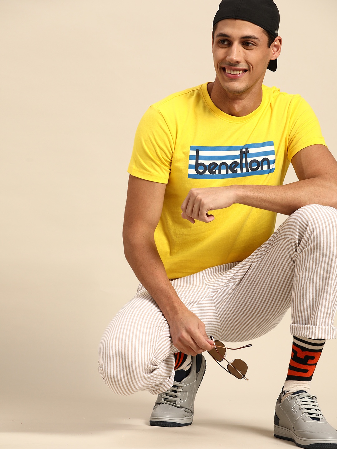 

United Colors of Benetton Men Yellow Blue Brand Logo Print Pure Cotton T-shirt