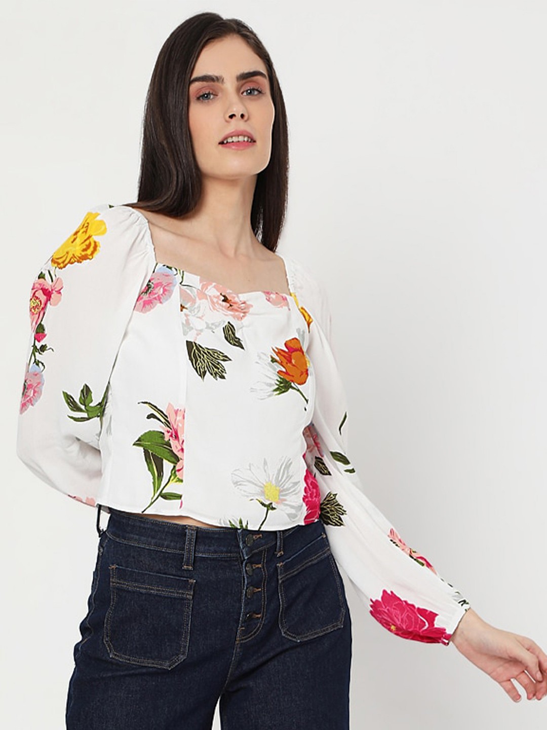 

Vero Moda Women White & Yellow Floral Regular Top