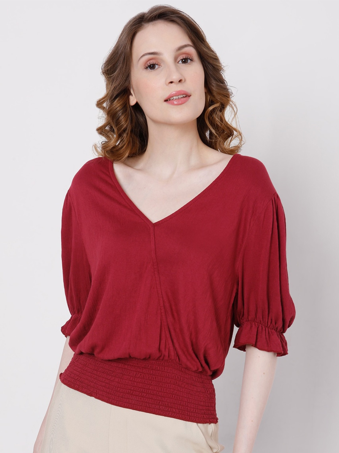 

Vero Moda Red Smocked Puff Sleeved Blouson Top