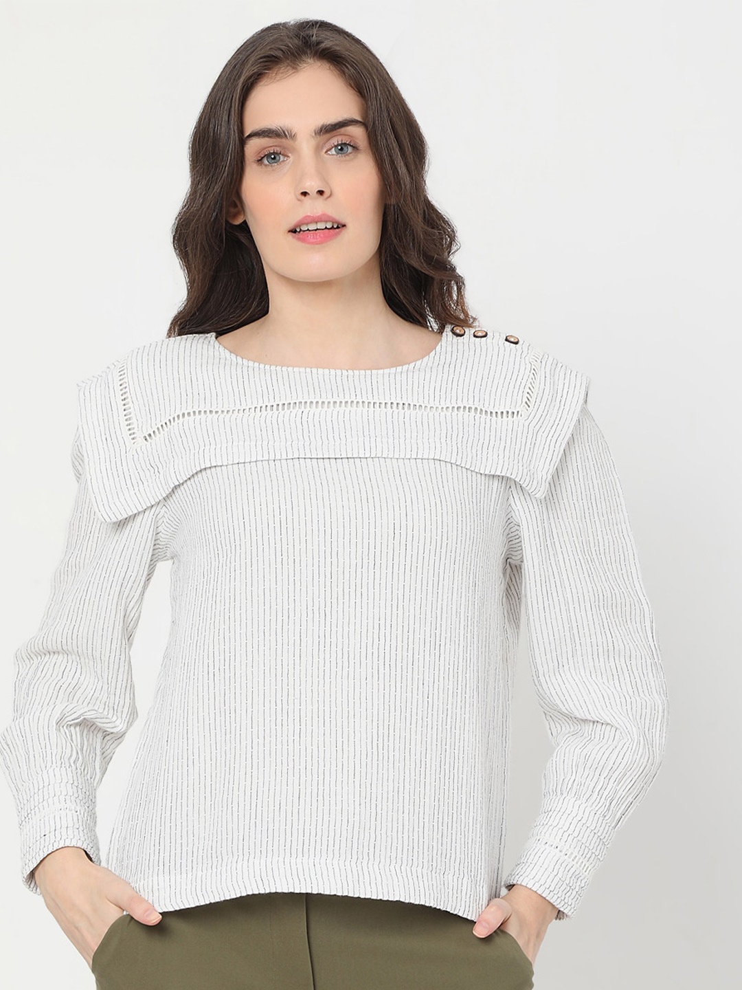 

Vero Moda White Pure Cotton Striped Regular Top