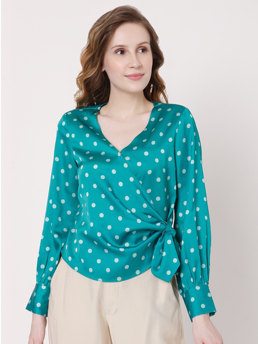 

Vero Moda Women Teal & White Printed Wrap Top