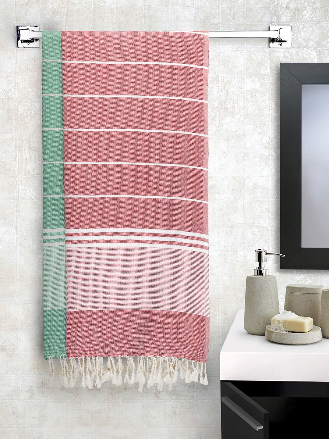 

Arrabi Set Of 2 Striped Handwoven Cotton 210 GSM Bath Towels, Pink