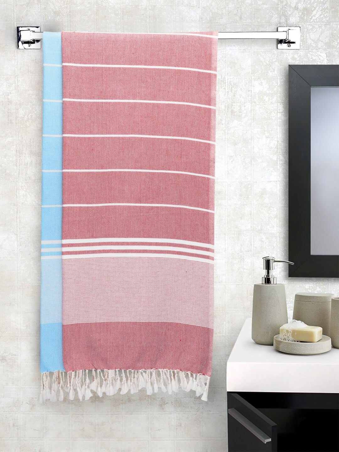 

Arrabi Set Of 2 Maroon & Blue Striped Cotton Bath Towels