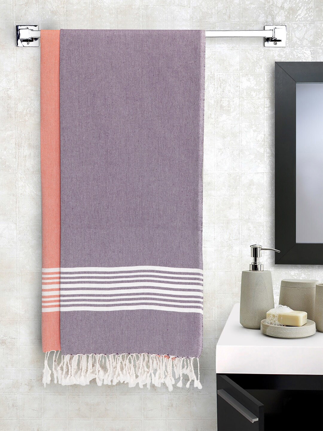 

Arrabi Set Of 2 Striped Handwoven Cotton 210 GSM Bath Towel, Purple