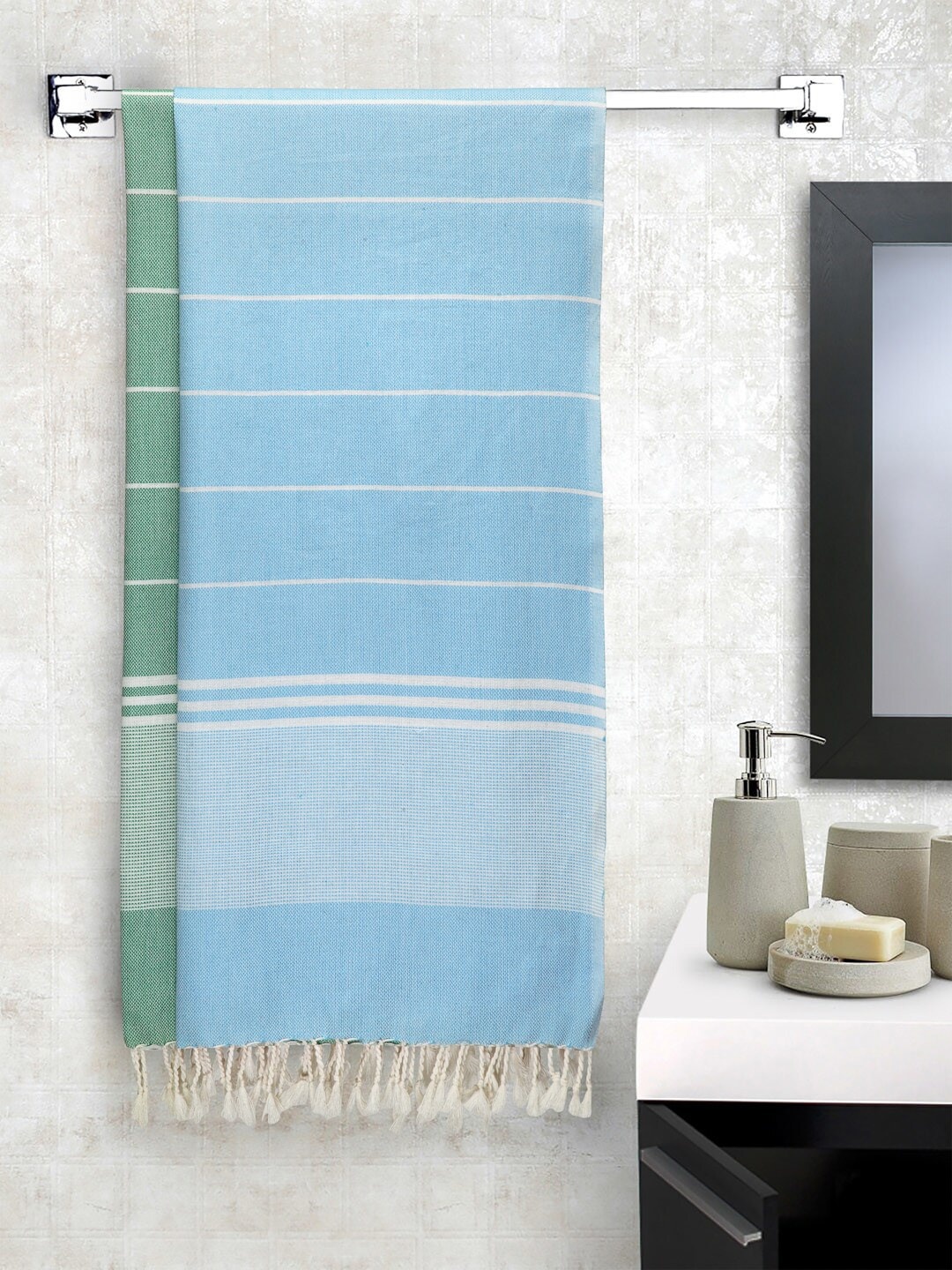 

Arrabi Set Of 2 Striped Handwoven Cotton 210 GSM Bath Towel, Blue