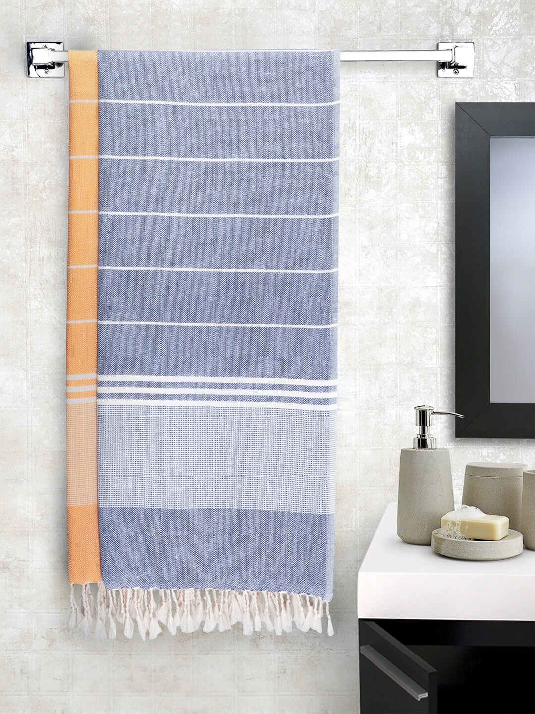 

Arrabi Set Of 2 Striped Handwoven 210 GSM Cotton Bath Towels, Blue