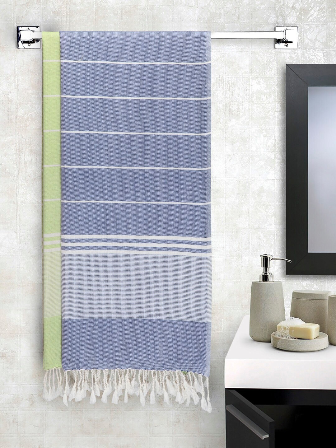 

Arrabi Set Of 2 Striped Handwoven Cotton 210 GSM Bath Towels, Blue