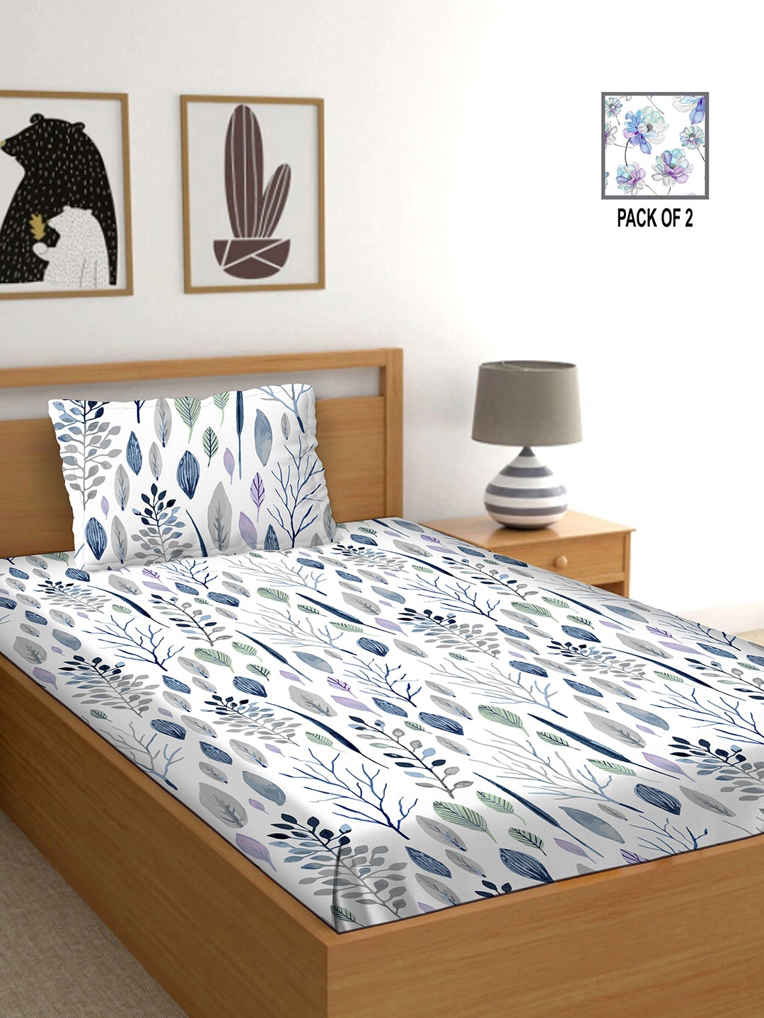

BELLA CASA White & Blue Floral 250 TC 2 Single Bedsheet with 2 Pillow Covers