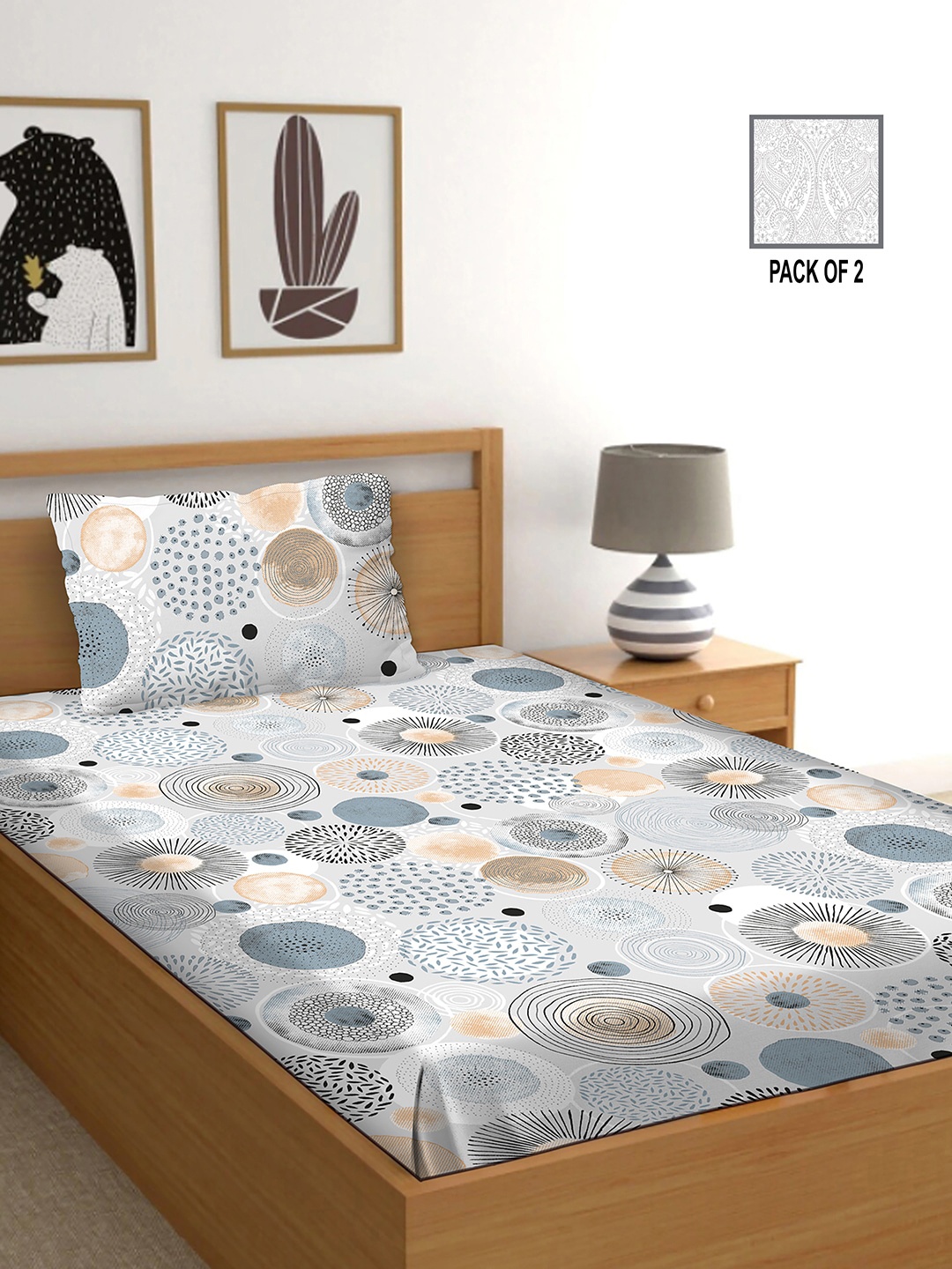 

BELLA CASA Grey & White Ethnic Motifs 250 TC 2 Single Bedsheet with 2 Pillow Covers