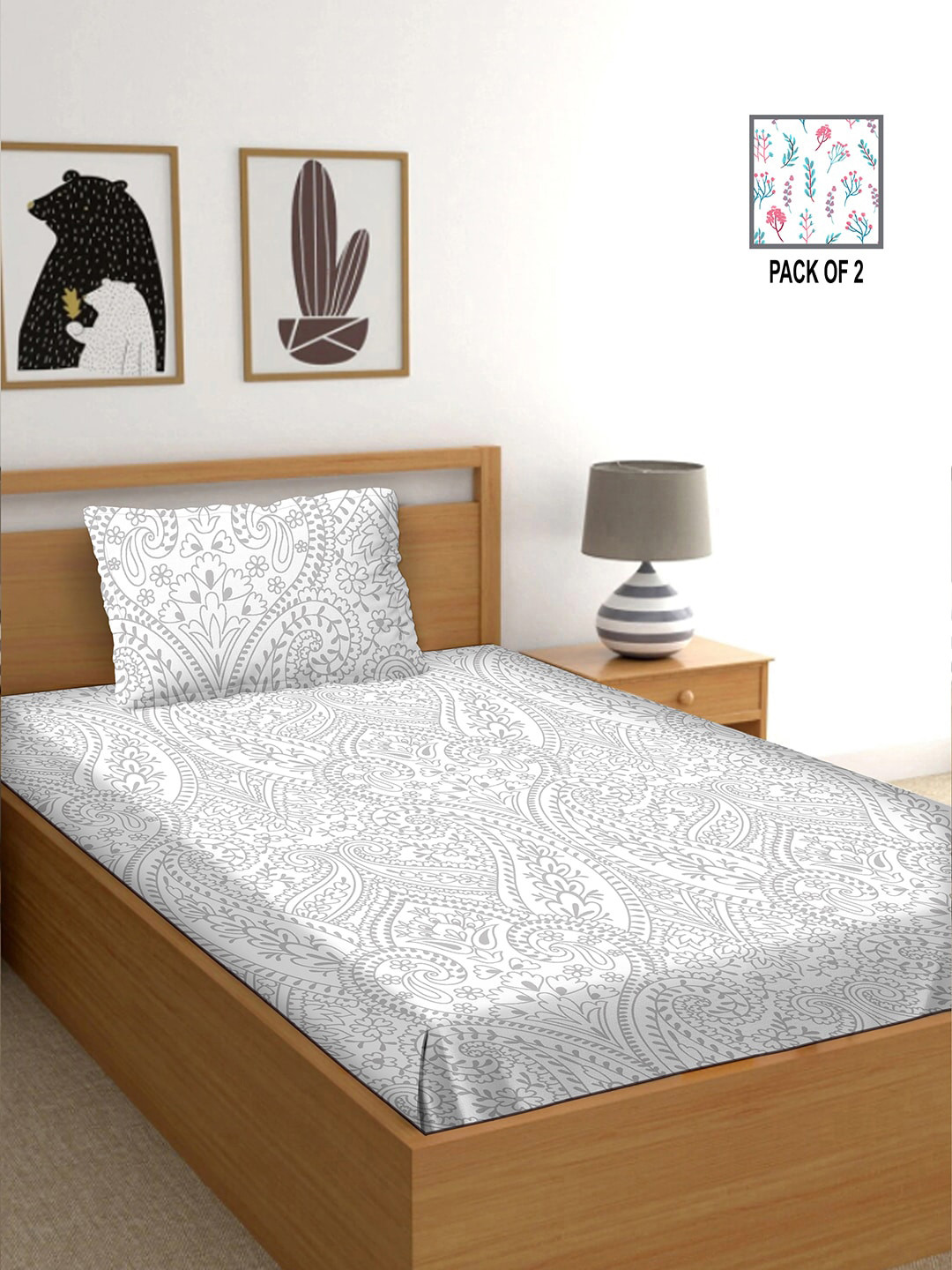 

BELLA CASA White & Green Floral 250 TC Pure Cotton 2 Single Bedsheet with 2 Pillow Covers