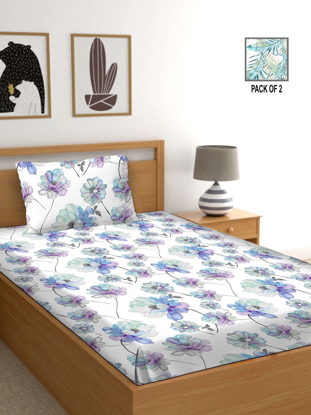 

BELLA CASA Multicoloured Floral 250 TC 2 Single Bedsheet with 2 Pillow Covers, Multi