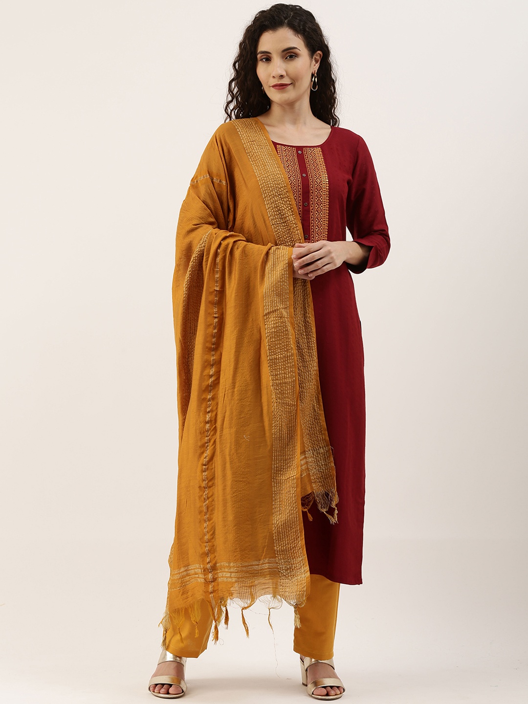 

SheWill Women Maroon & Beige Embroidered Kurta With Trousers & Dupatta