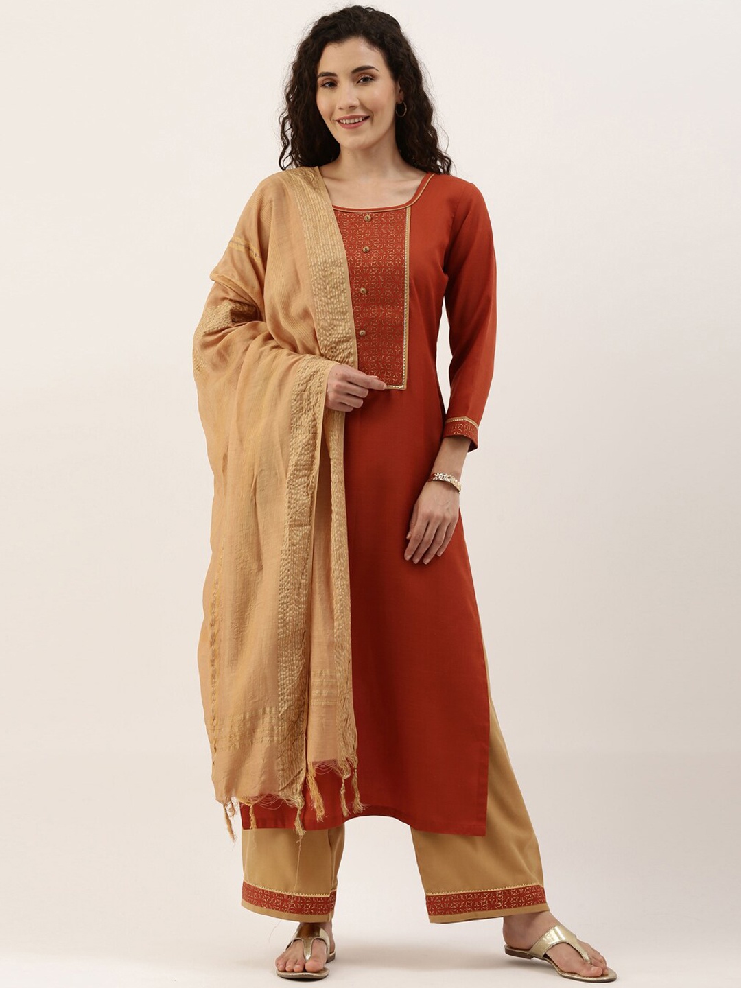 

SheWill Women Orange Yoke Design Regular Kurta with Trousers & With Dupatta
