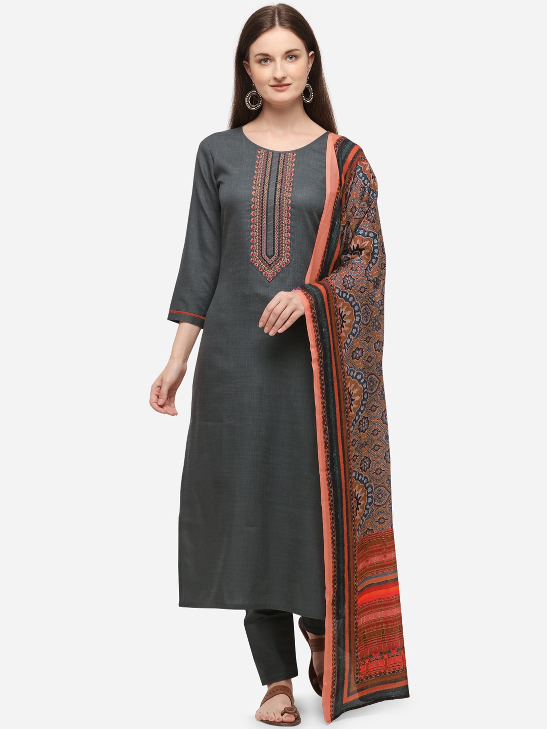 

SheWill Women Grey & Red Floral Embroidered Regular Kurta With Trousers & With Dupatta