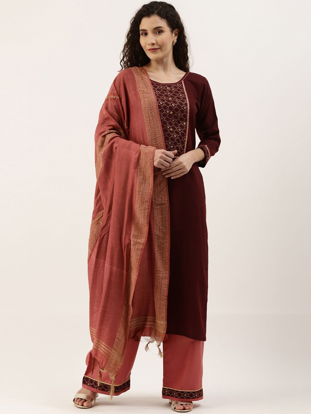 

SheWill Women Purple Ethnic Motifs Yoke Design Kurta with Palazzos & With Dupatta