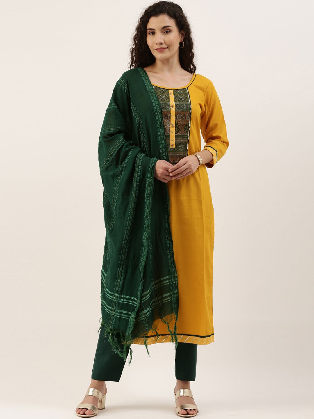 

SheWill Women Mustard Yellow & Green Yoke Design Gotta Patti Kurta with Trousers & Dupatta