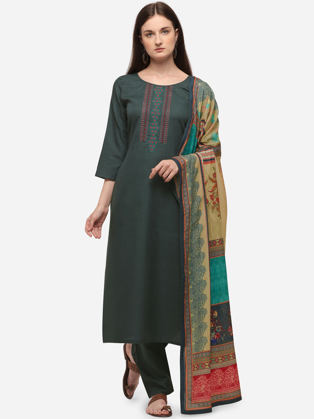 

SheWill Women Sea Green Ethnic Motifs Embroidered Cotton Kurta with Trousers & Dupatta