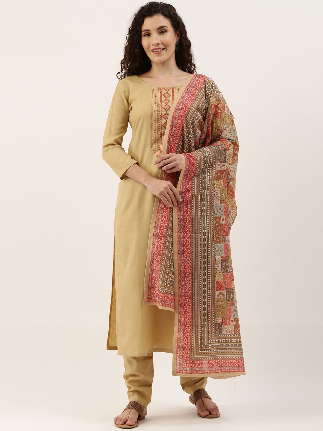

SheWill Women Beige Straight Kurta with Churidar & Dupatta