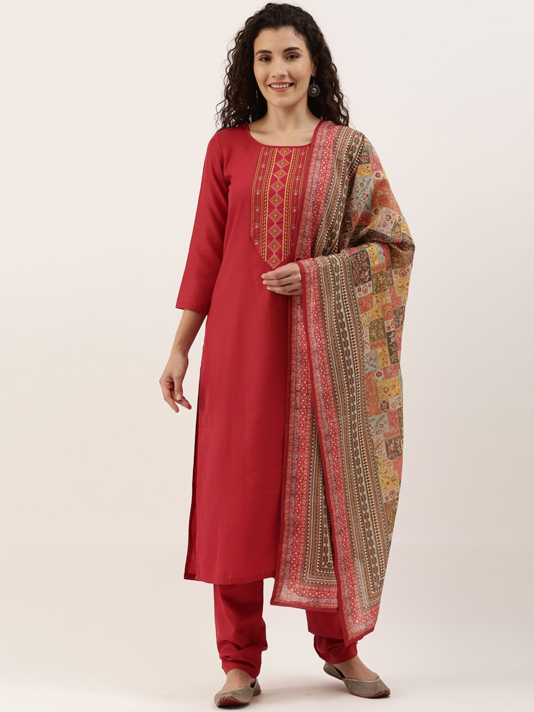 

SheWill Women Red Ethnic Motifs Embroidered Kurta with Churidar & Dupatta