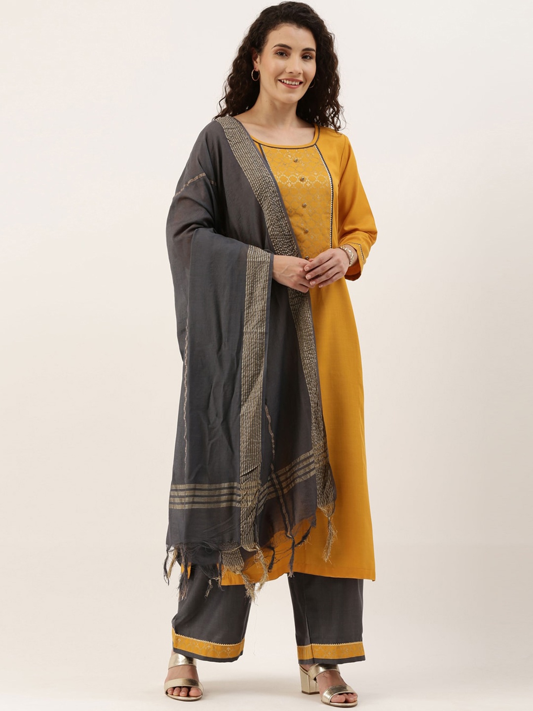 

SheWill Women Mustard Yellow Yoke Design Panelled Kurta with Palazzos With Dupatta