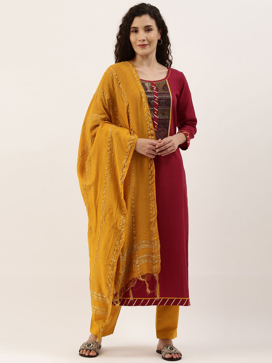 

SheWill Women Maroon Regular Kurta with Trousers & With Dupatta