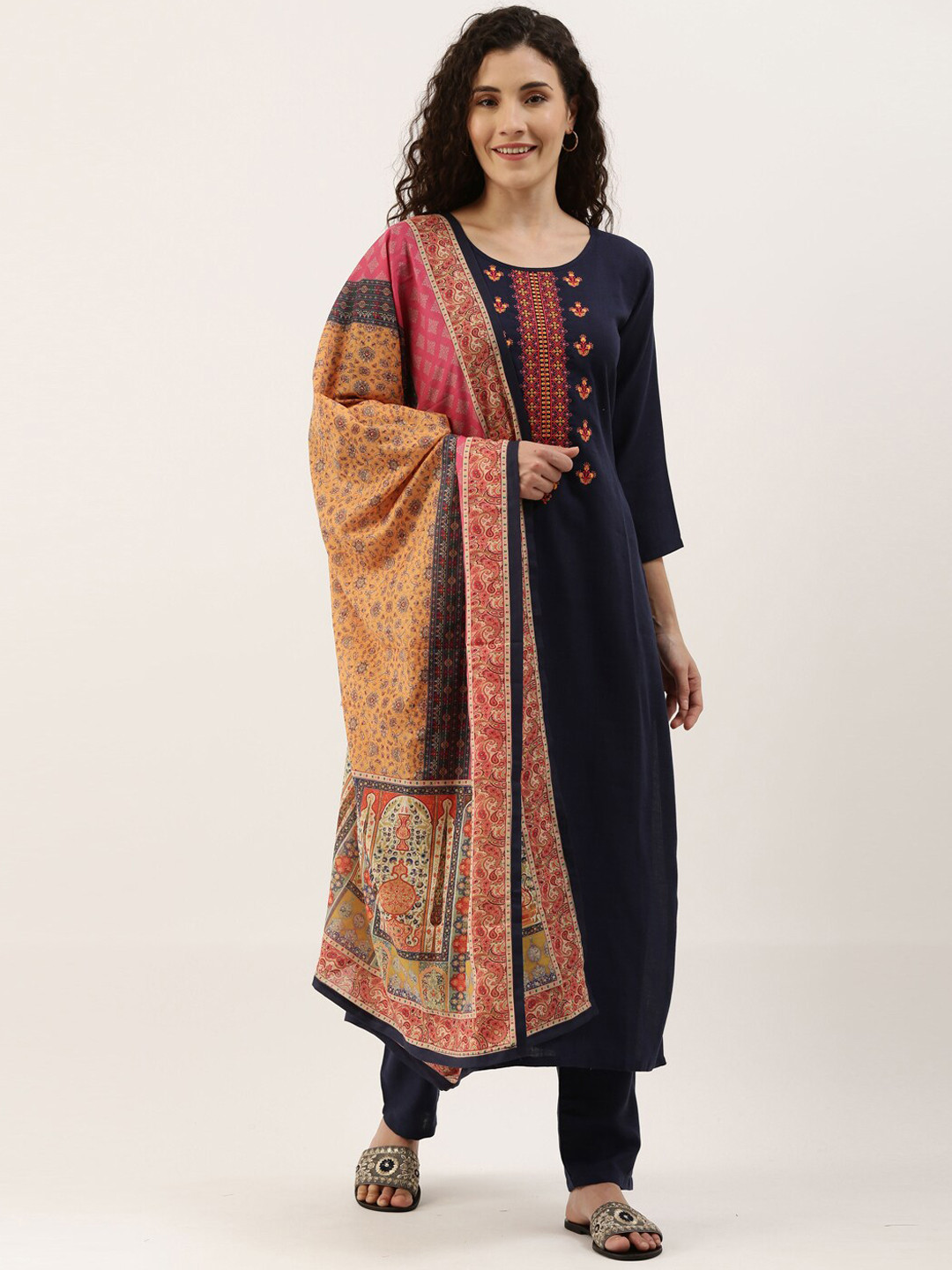 

SheWill Women Navy Blue & Red Ethnic Motifs Embroidered Kurta With Trousers & Dupatta