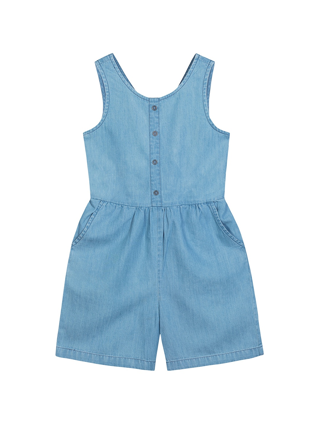 

Budding Bees Girls Blue Solid Denim Playsuit