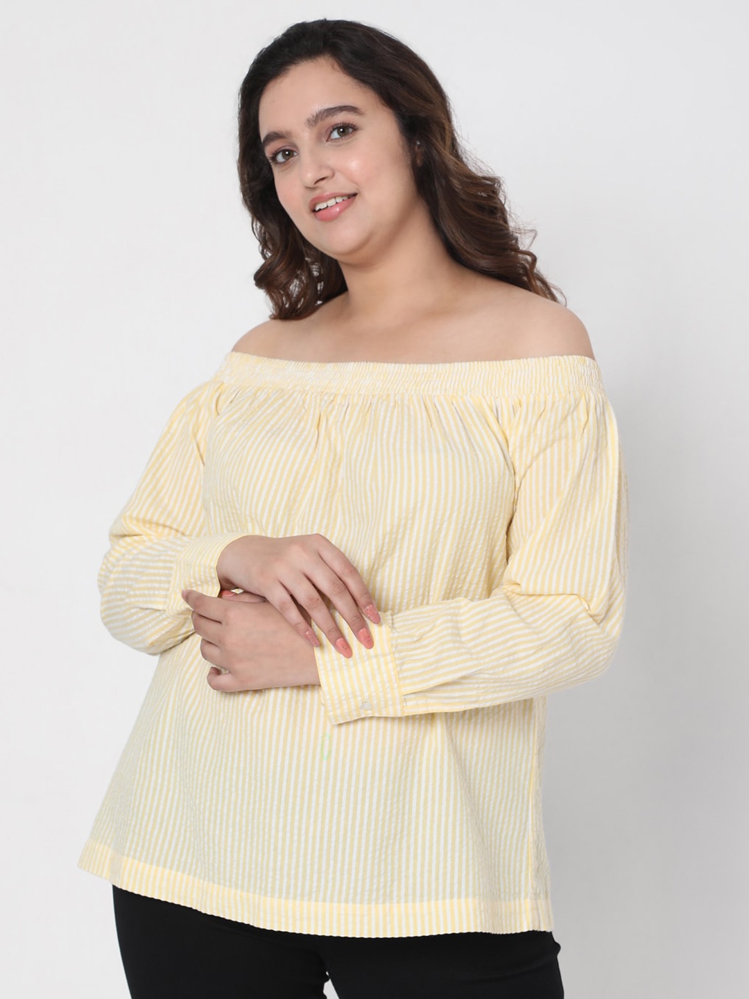 

VERO MODA CURVE Women Yellow & White Striped Off-Shoulder Bardot Top