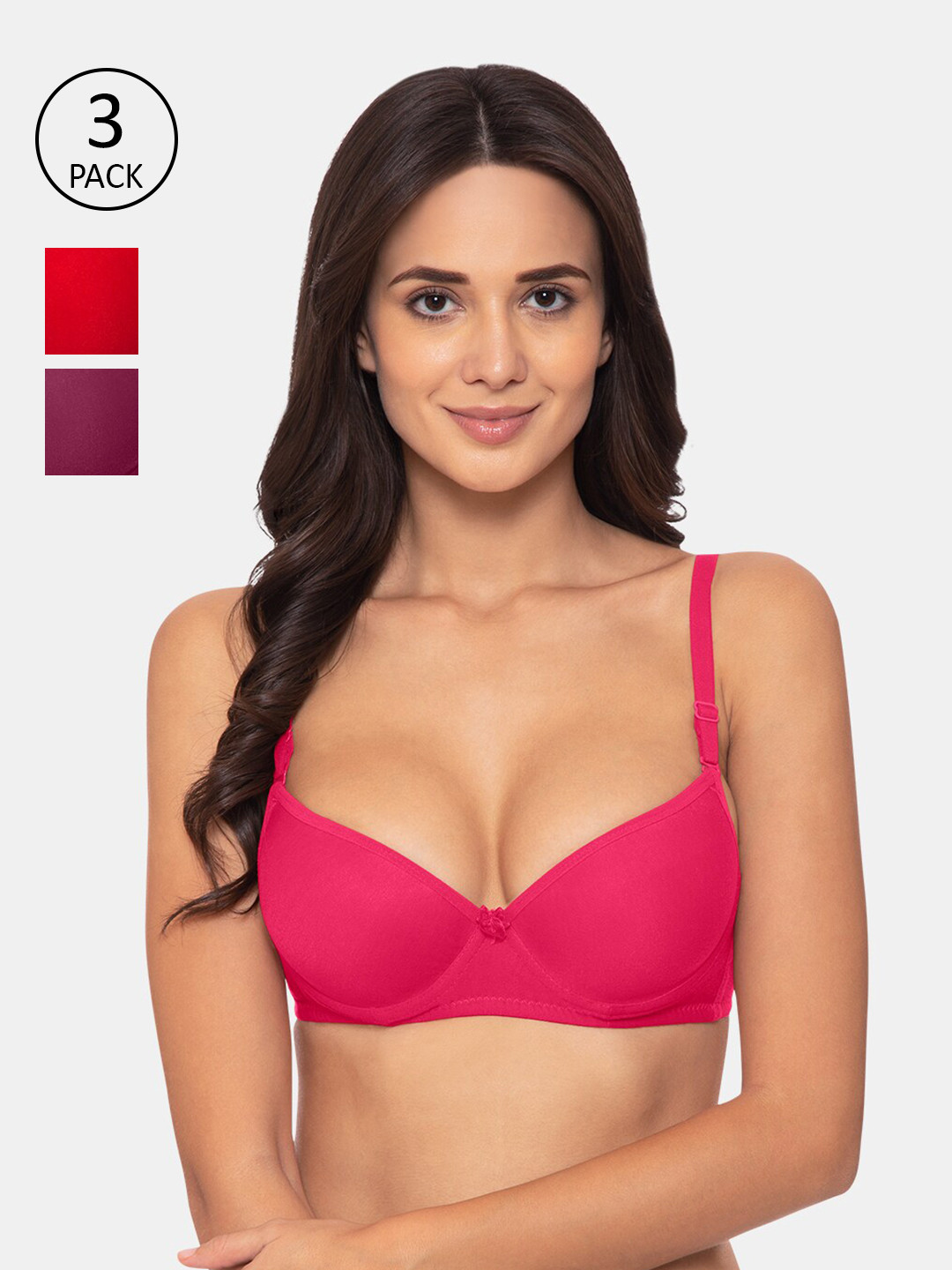 

KOMLI Pack Of 3 Pink & Red Solid T-Shirt Bras - Underwired Lightly Padded