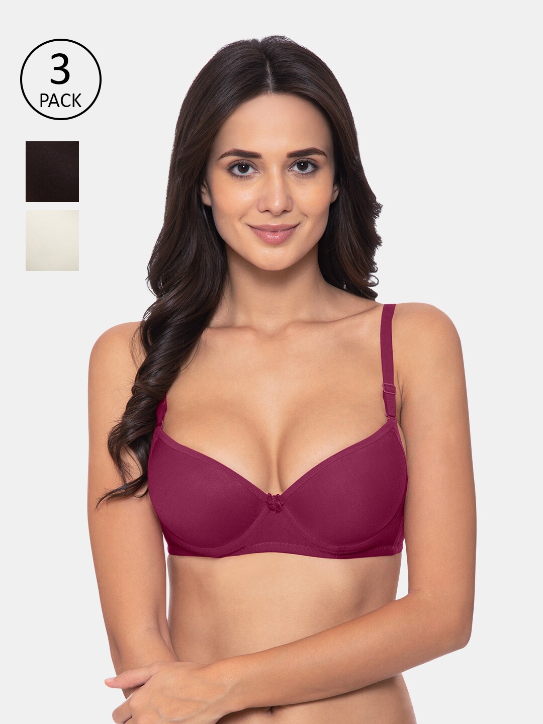 

KOMLI Pack of 3 Magenta & Off White Underwired Lightly Padded T-shirt Bras