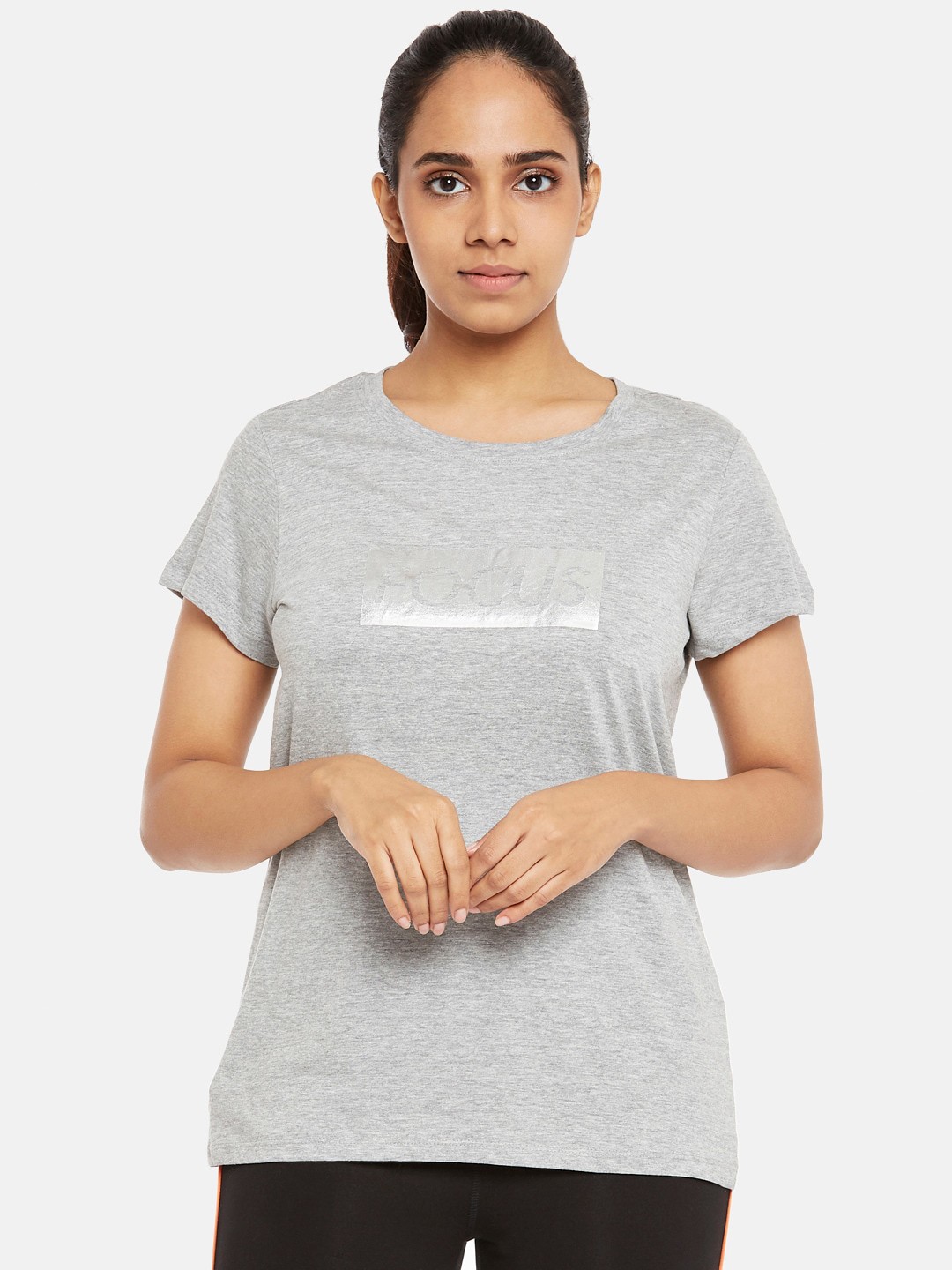 

Ajile by Pantaloons Women Grey Melange Typography Printed T-shirt