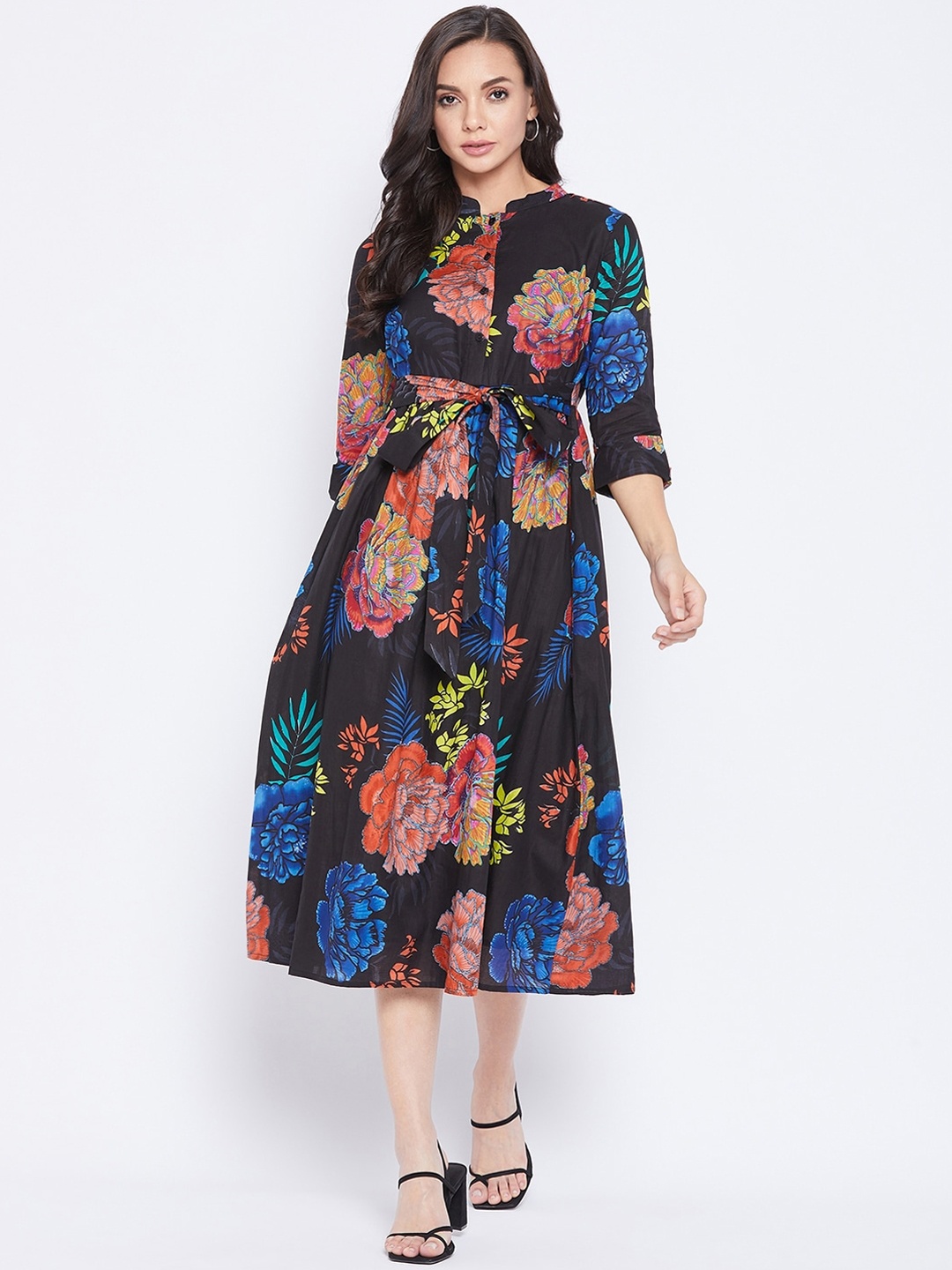 

Ruhaans Women Black Cotton Floral Midi Dress
