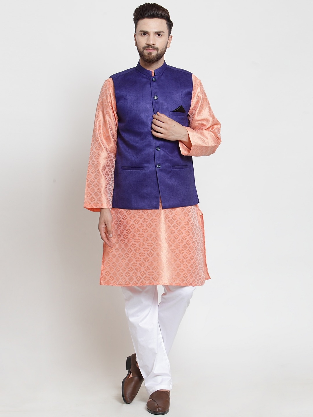 

NEUDIS Navy Blue Solid Cotton Blend Nehru Jacket