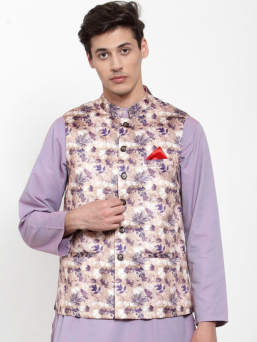 

NEUDIS Men Brown & Purple Printed Woven Nehru Jacket