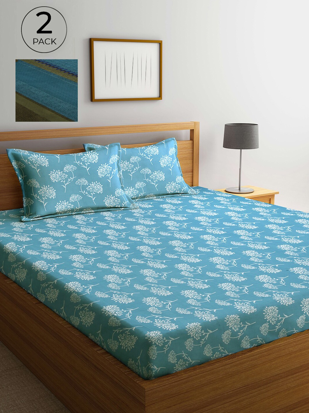 

Arrabi Blue & Green Floral 300 TC 2 King Bedsheet with 4 Pillow Covers