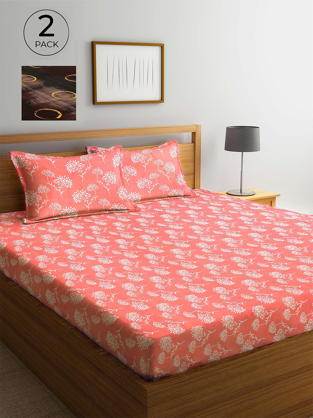 

Arrabi Pink & Brown Floral 300 TC 2 King Bedsheet with 4 Pillow Covers