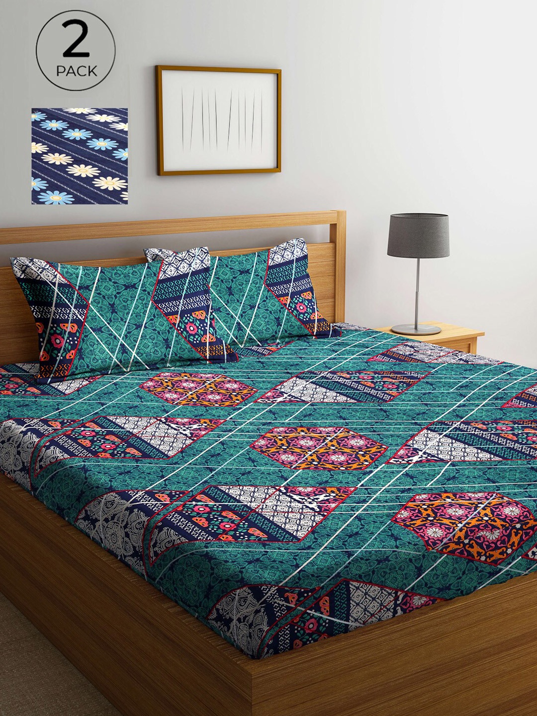 

Arrabi Green & Blue Ethnic Motifs 300 TC 2 King Bedsheet with 4 Pillow Covers