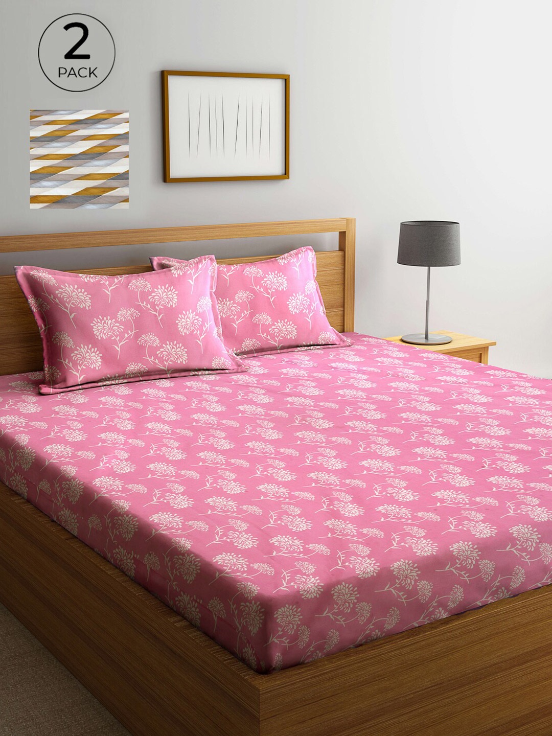 

Arrabi Pink & Grey Melange Floral 300 TC 2 King Bedsheet with 4 Pillow Covers
