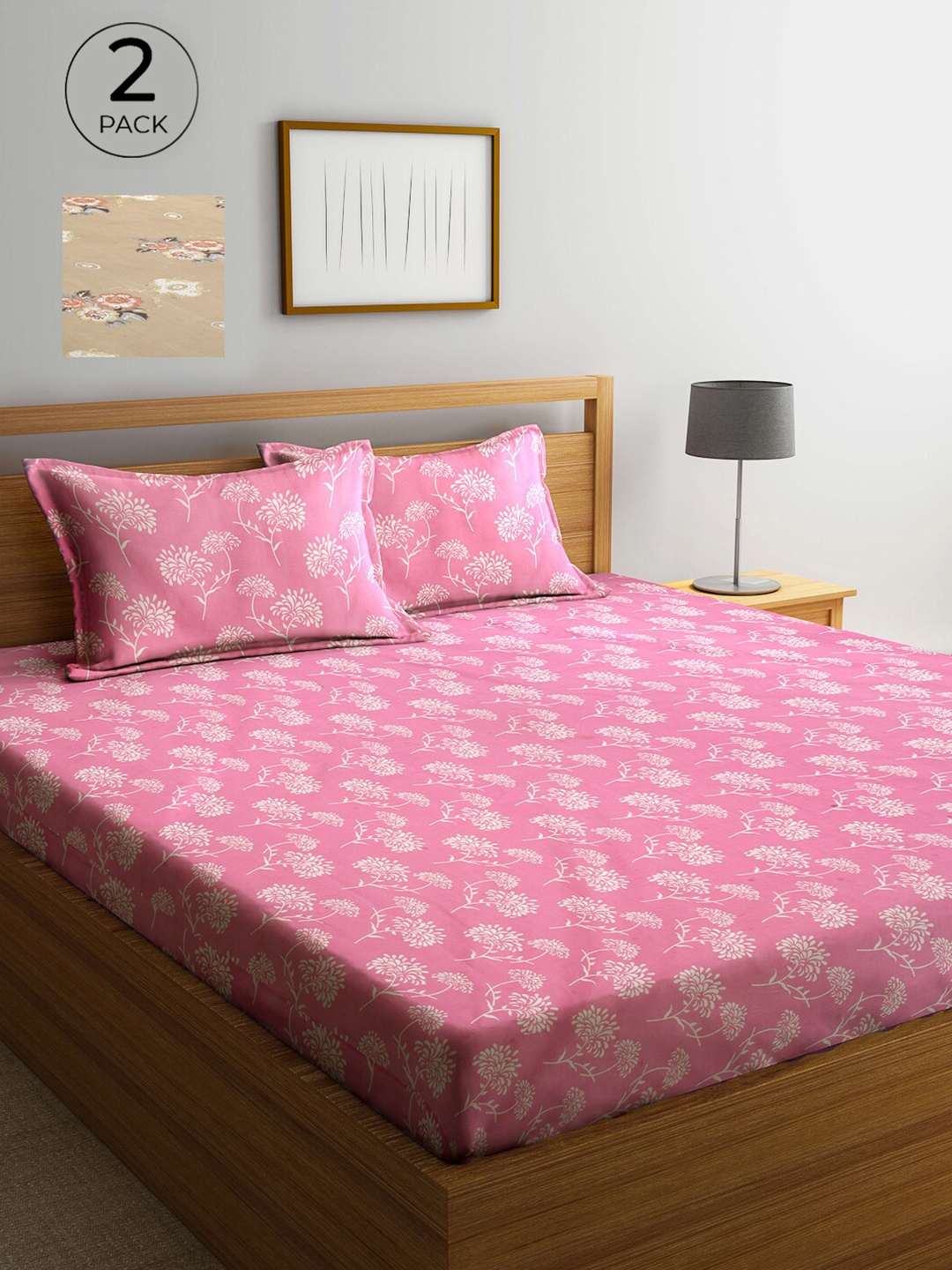 

Arrabi Pink & Tan Floral 300 TC 2 King Bedsheet with 4 Pillow Covers
