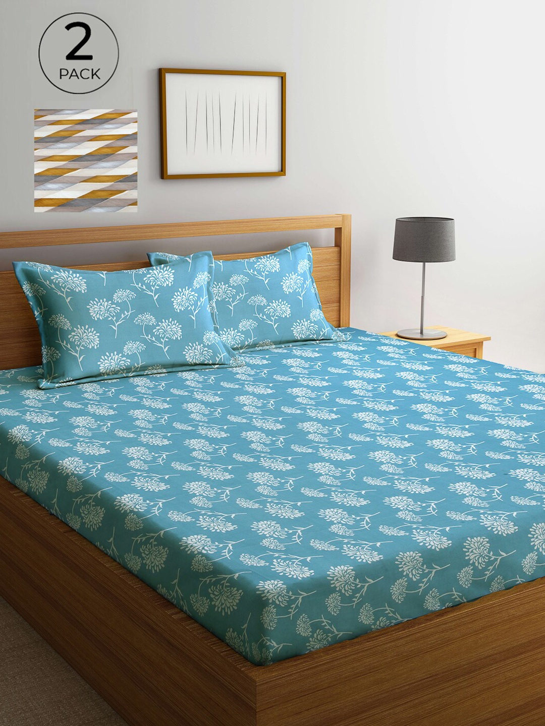 

Arrabi Blue & White Floral 300 TC 2 King Bedsheet with 4 Pillow Covers