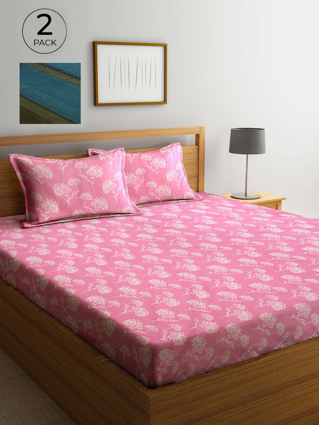 

Arrabi Pink & Blue Floral 300 TC 2 King Bedsheet with 4 Pillow Covers