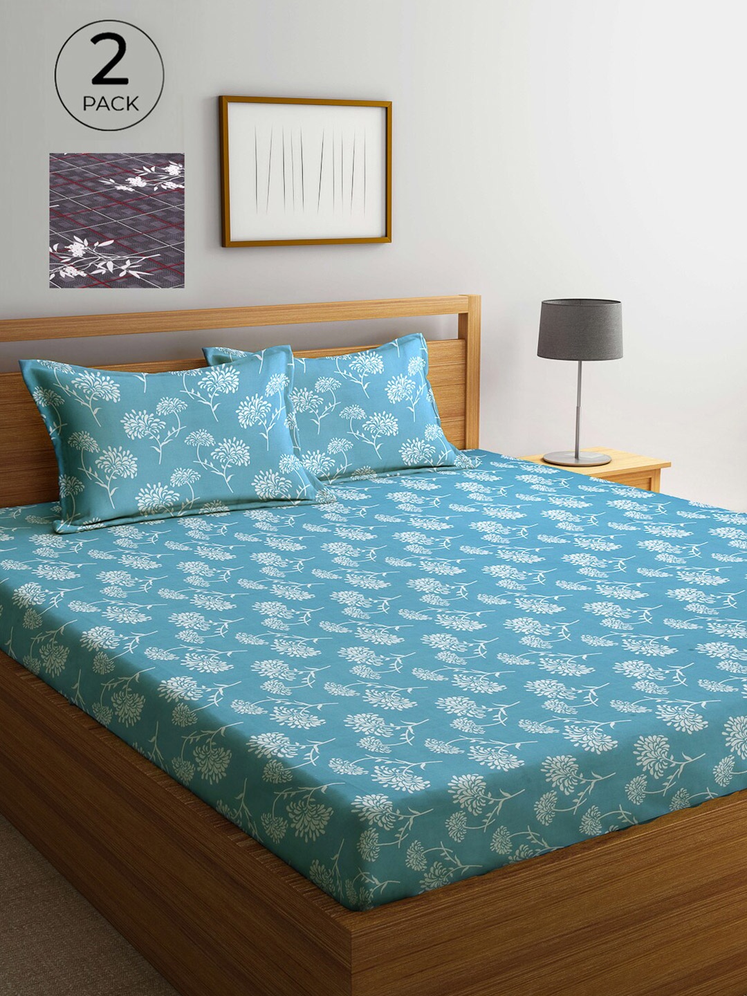 

Arrabi Turquoise Blue & Grey Floral 300 TC 2 King Bedsheet with 4 Pillow Covers