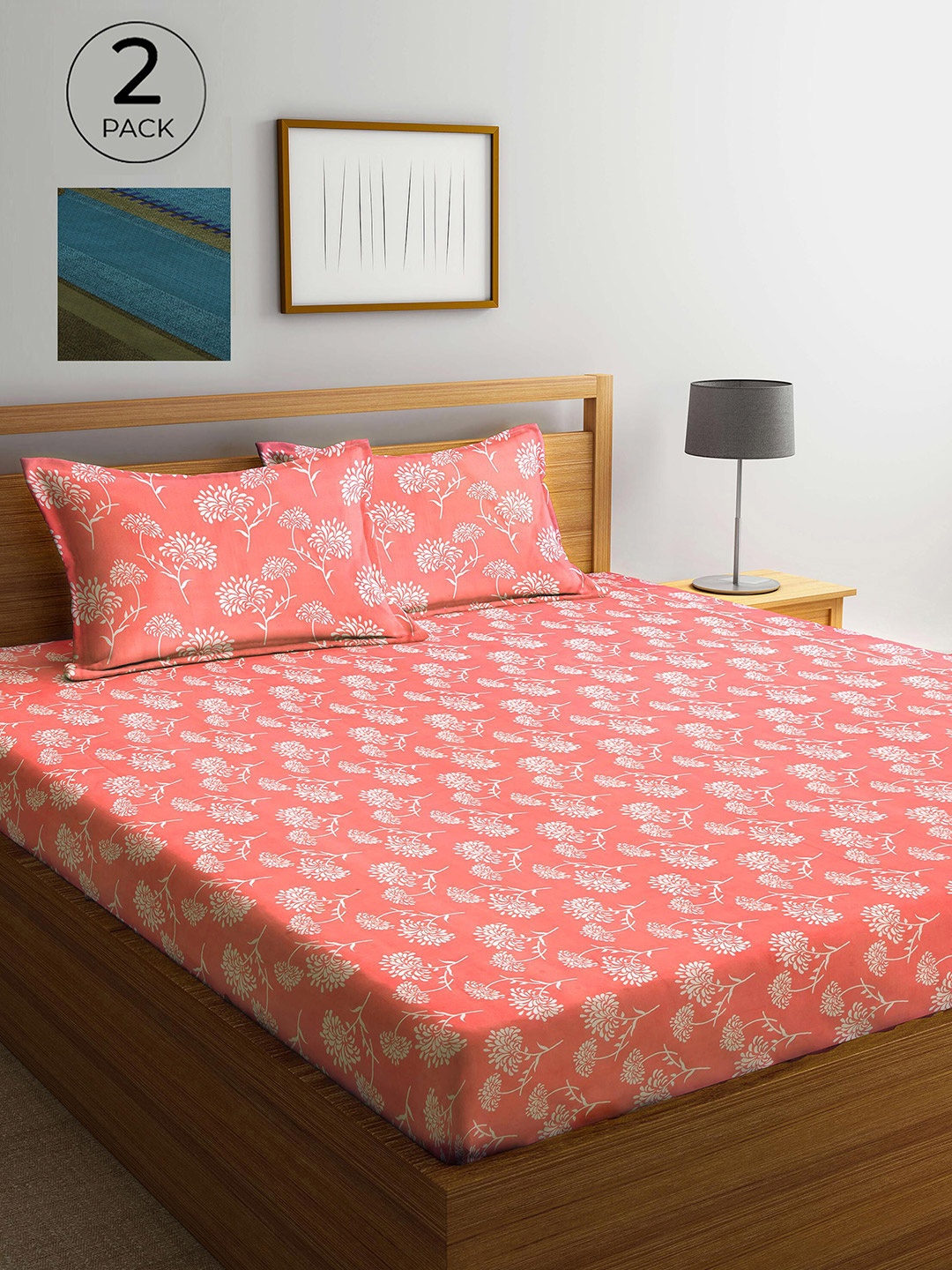 

Arrabi Peach-Coloured & Blue Floral 300 TC 2 King Bedsheet with 4 Pillow Covers