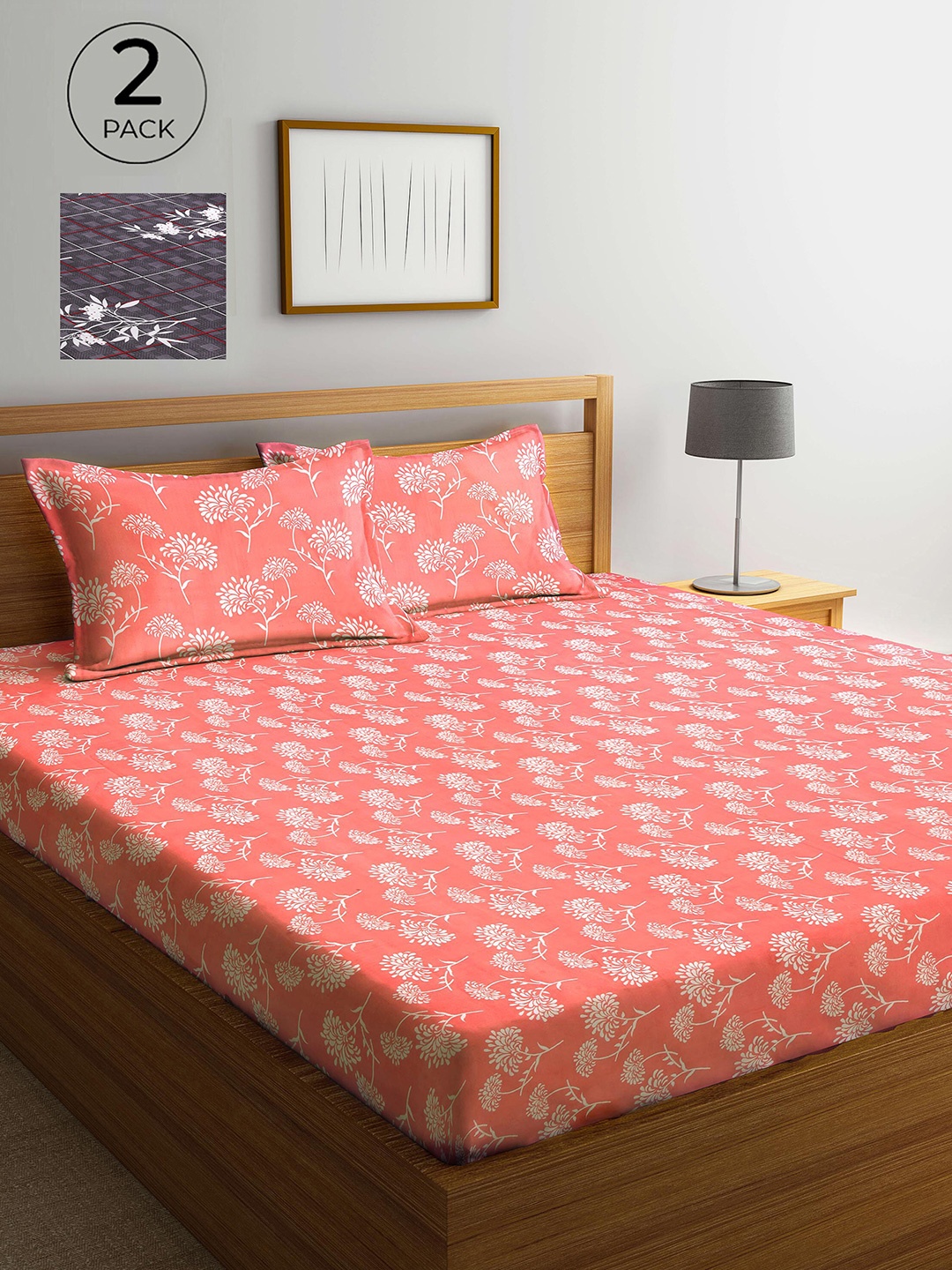 

Arrabi Grey & Peach-Coloured Floral 300 TC 2 King Bedsheet with 4 Pillow Covers