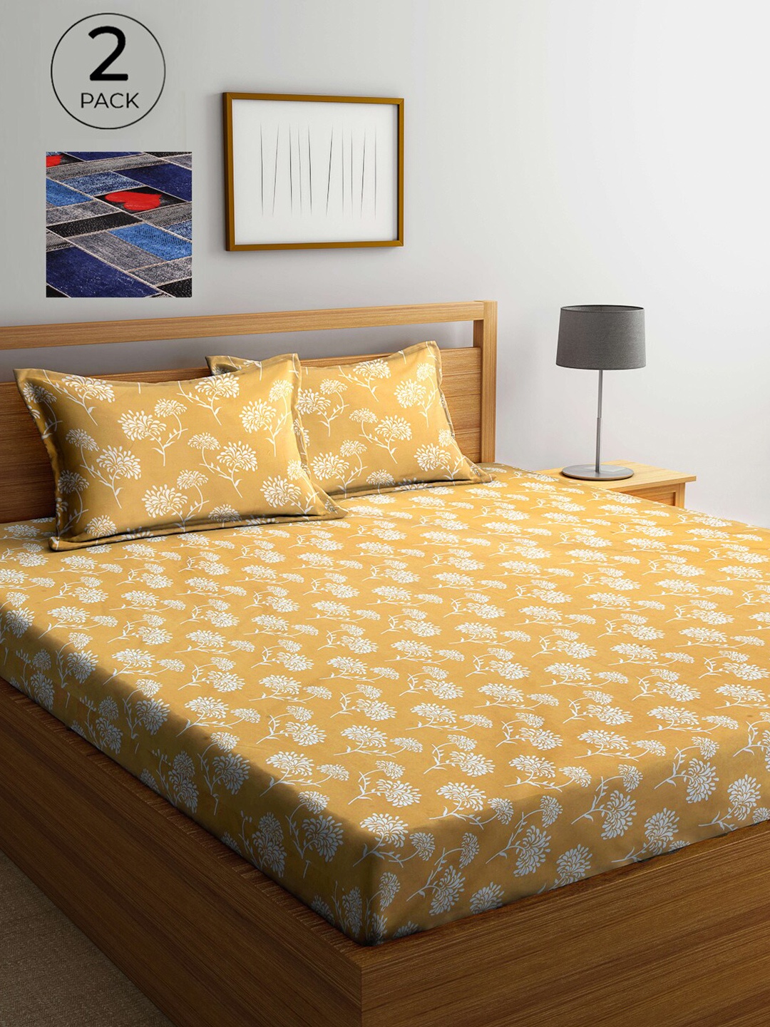 

Arrabi Yellow & Blue Floral 300 TC 2 King Bedsheet with 4 Pillow Covers