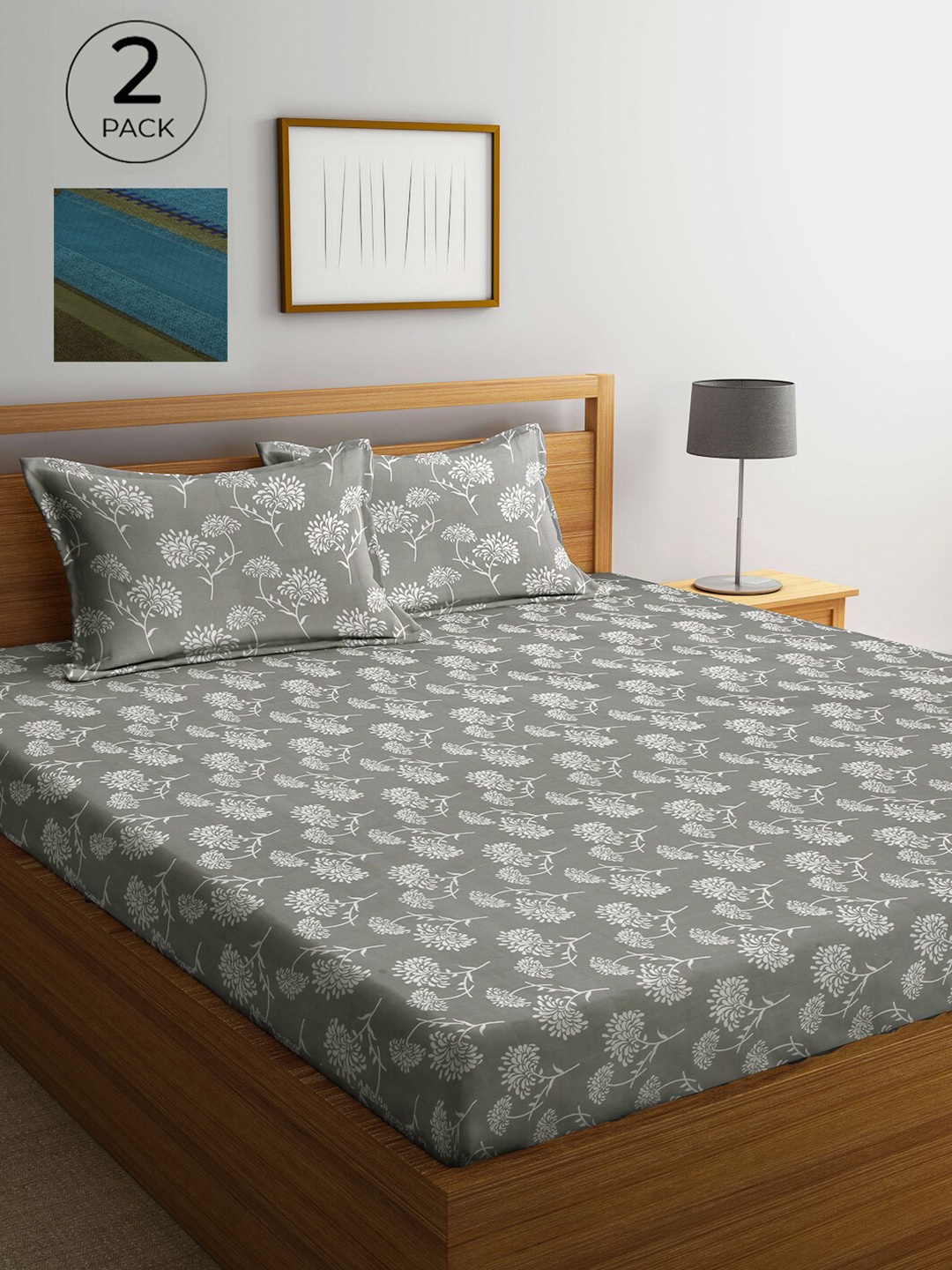 

Arrabi Grey & Green Floral 300 TC 2 King Bedsheet with 4 Pillow Covers