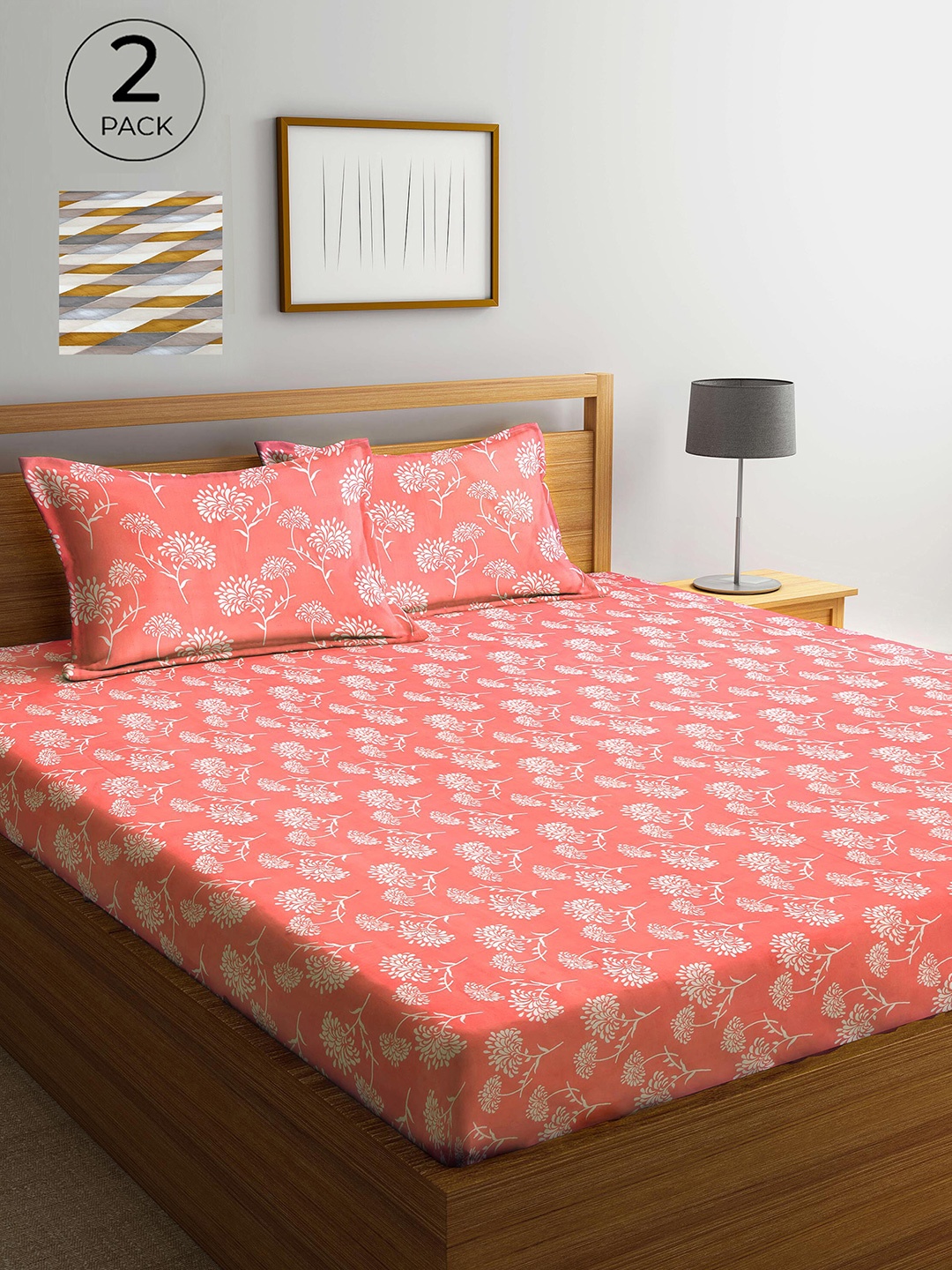 

Arrabi Pink & Brown Floral 300 TC 2 King Bedsheet with 4 Pillow Covers