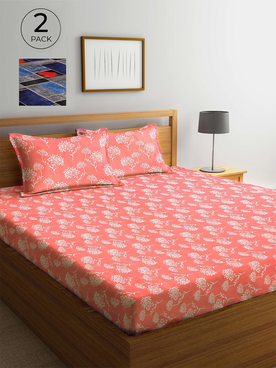 

Arrabi Peach-Coloured & Navy Blue Floral 300 TC 2 King Bedsheet with 4 Pillow Covers